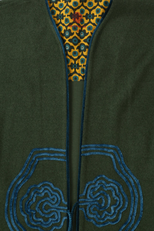 Embroidered long coat in cotton and viscose cashmere with pockets